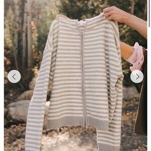 Striped Zip-Up Cardigan Sweater - Gray & White